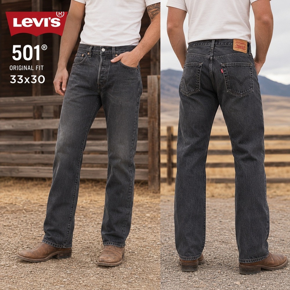 Levis 501 Original Fit Mens Faded Black Straight Leg Button Fly Jeans 33x30